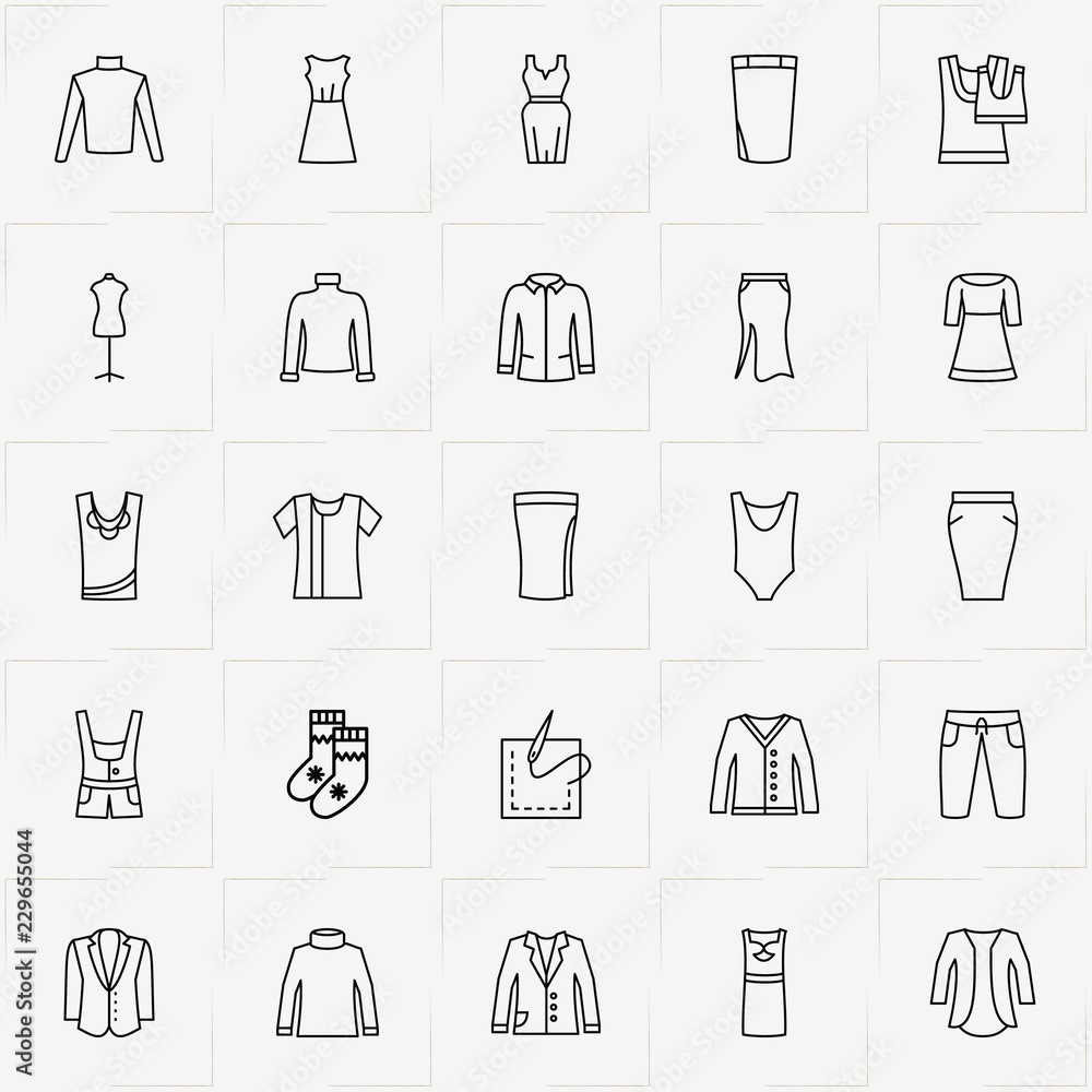 Clothes line icon set with sewing needle, skirt and jacket Clothes line icon set with sewing needle, skirt and jacket