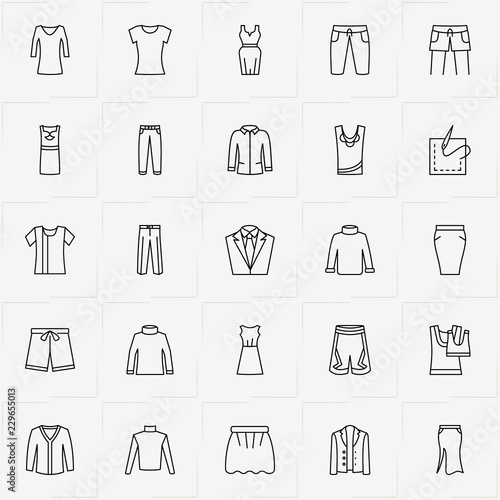 Clothes line icon set with lady shirt , dress and skirt