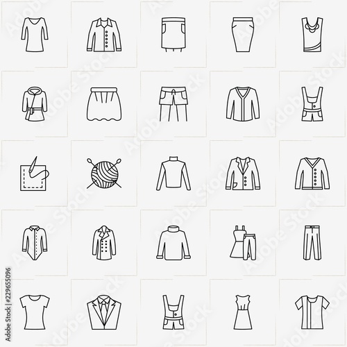 Clothes line icon set with pullover, shorts and sewing hank