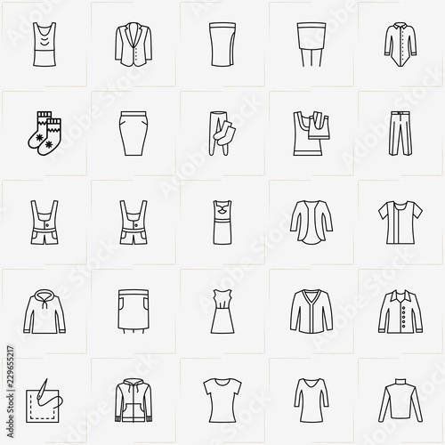 Clothes line icon set with skirt, dress and lady shirt