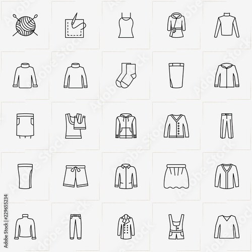 Clothes line icon set with overalls , sewing hank and skirt