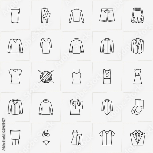 Clothes line icon set with jacket, skirt and sewing hank