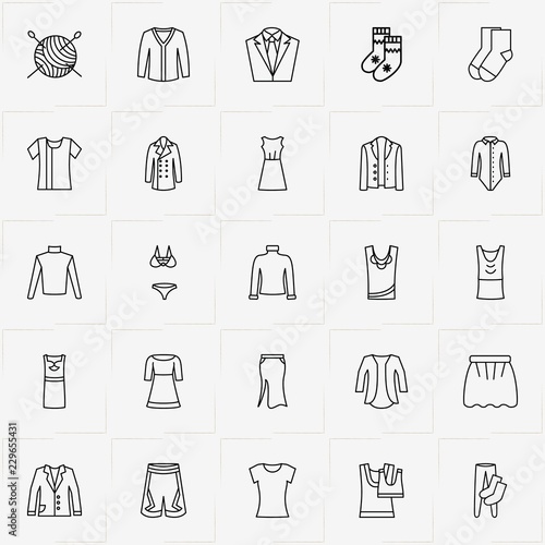 Clothes line icon set with dress, sewing hank and socks