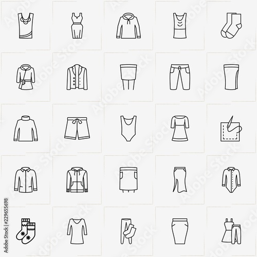 Clothes line icon set with shorts, pullover and coat