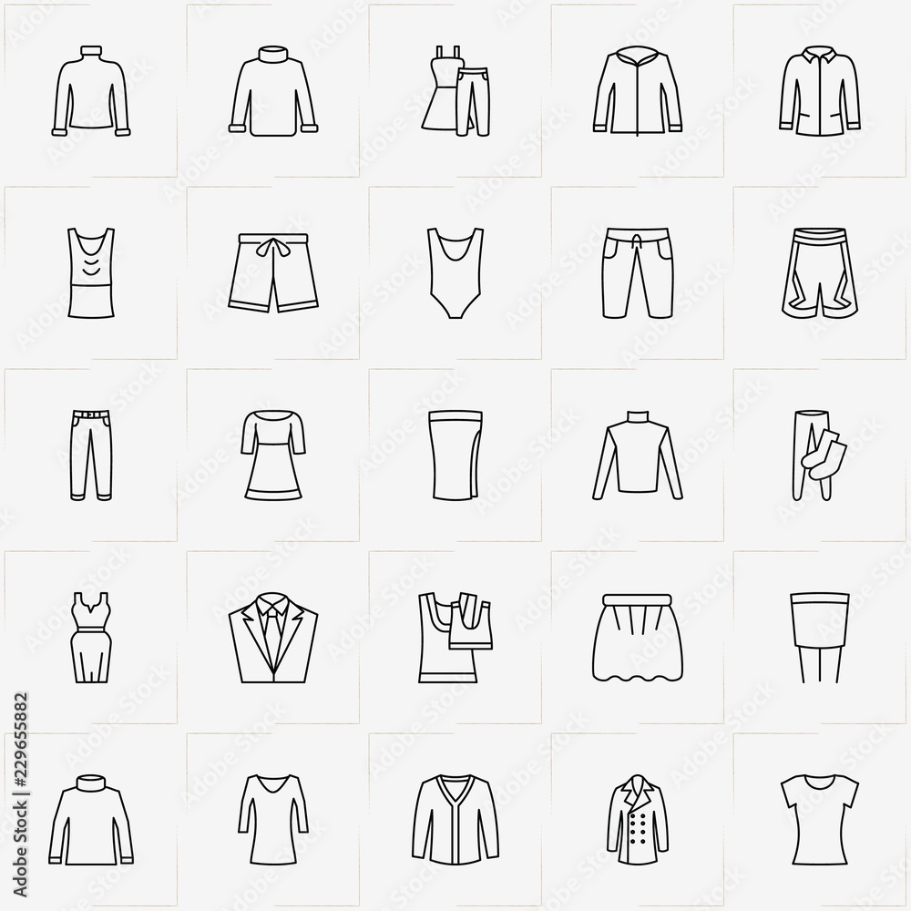 Clothes line icon set with shorts, dress and swimsuit Clothes line icon set with shorts, dress and swimsuit