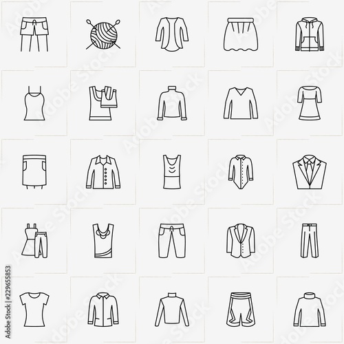 Clothes line icon set with shorts, sewing hank and blazer