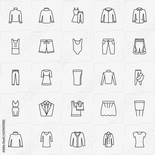 Clothes line icon set with shorts  dress and swimsuit