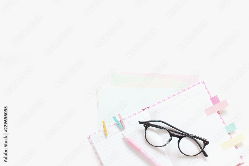 Flat lay stylish set. School stationery. Back to school concept. White background. Flat lay stylish set. School stationery. Back to school concept. White background.