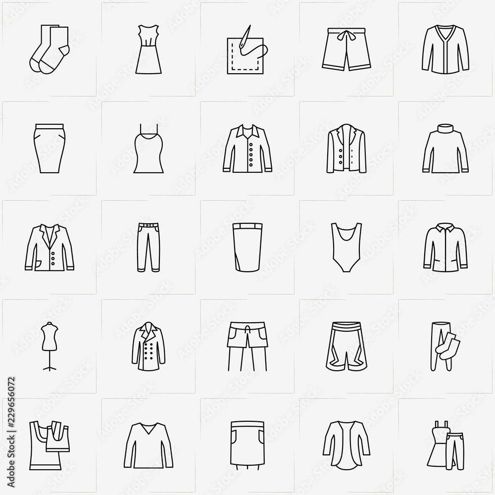 Clothes line icon set with jacket, lady shirt and dress Clothes line icon set with jacket, lady shirt and dress