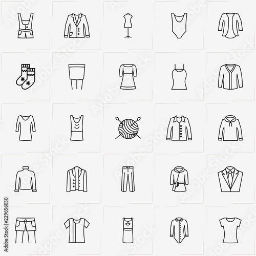 Clothes line icon set with sewing hank, overalls  and lady shirt