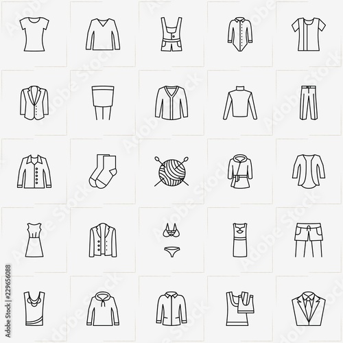 Clothes line icon set with blazer, sewing hank and shorts