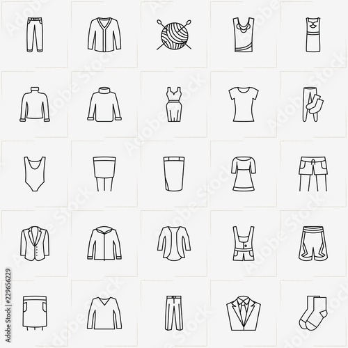 Clothes line icon set with overalls , dress and jacket