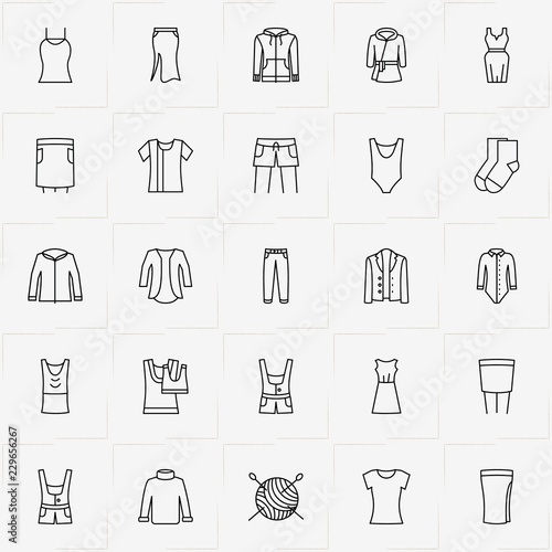Clothes line icon set with dress, shorts and coat