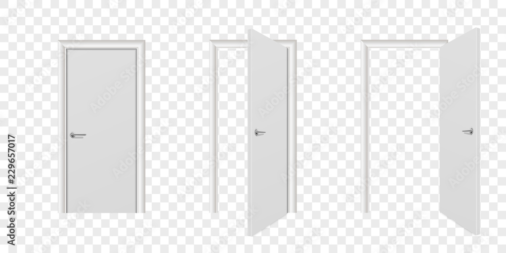 Fototapeta premium Vector Realistic Different Opened and Closed White Wooden Door Icon Set Closeup Isolated on Transparent Background. Elements of Architecture. Design Template of Modern Door for Graphics. Front View
