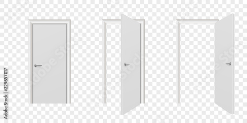 Vector Realistic Different Opened and Closed White Wooden Door Icon Set Closeup Isolated on Transparent Background. Elements of Architecture. Design Template of Modern Door for Graphics. Front View photo