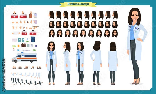 Female doctor character creation set.Front, side, back view animated character.Doctor character creation set with various views,Face emotions, poses, gestures.