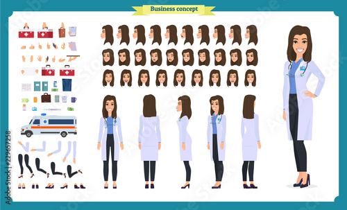 Female doctor character creation set.Front, side, back view animated character.Doctor character creation set with various views,Face emotions, poses, gestures.