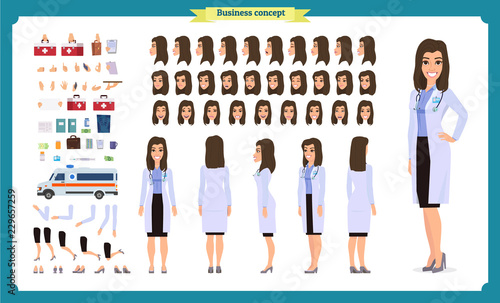 Female doctor character creation set.Front, side, back view animated character.Doctor character creation set with various views,Face emotions, poses, gestures.