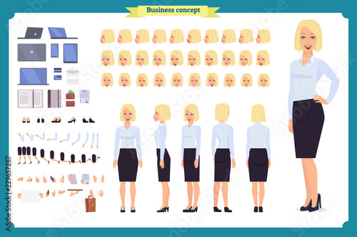 Set of Businesswoman character design.Front, side, back view animated character.Business girl character creation set with various views, poses and gestures. flat vector isolated