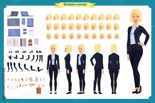 Set of Businesswoman character design.Front, side, back view animated character.Business girl character creation set with various views, poses and gestures. flat vector isolated