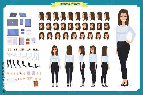 Set of Businesswoman character design.Front, side, back view animated character.Business girl character creation set with various views, poses and gestures. flat vector isolated