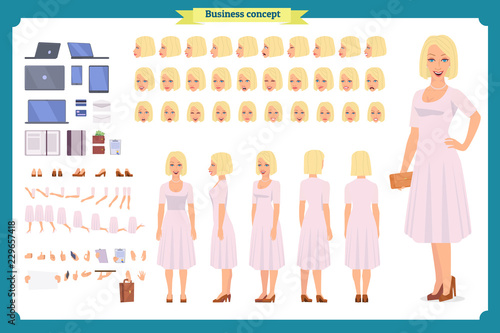 Girl in evening dress character creation set. Party woman in black trendy luxury gown. Full length, different views, gestures. Build your own design. Cartoon flat-style infographic illustration