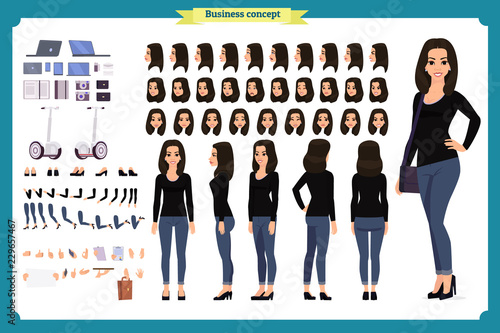 Young woman, casual clothes. Character creation set. Full length, different views, emotions, gestures, isolated against white background. Build your own design.