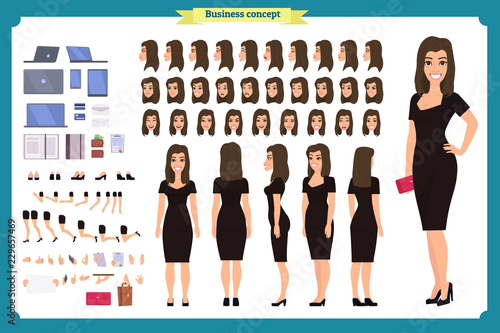 Girl in evening dress character creation set. Party woman in black trendy luxury gown. Full length, different views, gestures. Build your own design. Cartoon flat-style infographic illustration