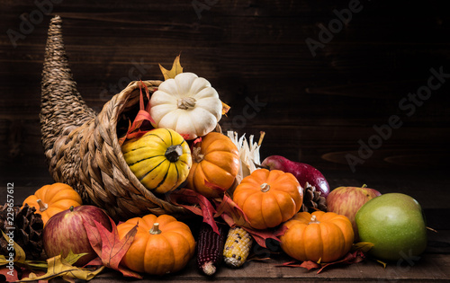 A Thanksgiving holiday decorative cornucopia with pumpkins, squash, leaves etc photo