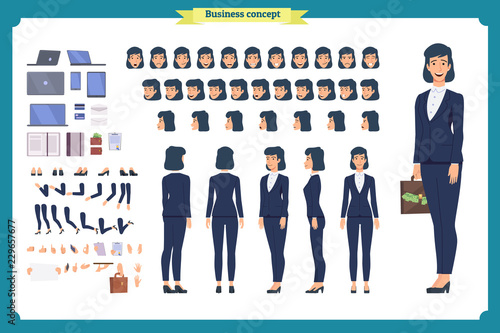 Set of Businesswoman character design.Front, side, back view animated character.Business girl character creation set with various views, poses and gestures