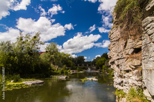 Beautiful view of rhe Hirskiy Tikich river and Buky's canyon, Buky, Ukraine with high rocks on background