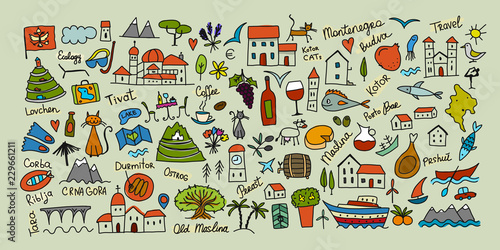 Travel to Montenegro, icons collection for your design