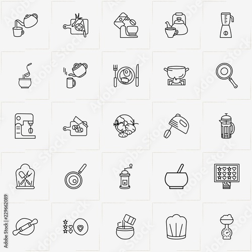 Cooking line icon set with cutting board , omelette on plate and saucepan on stove