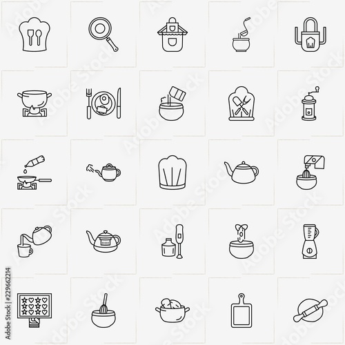 Cooking line icon set with omelette on plate, apron and cutting board