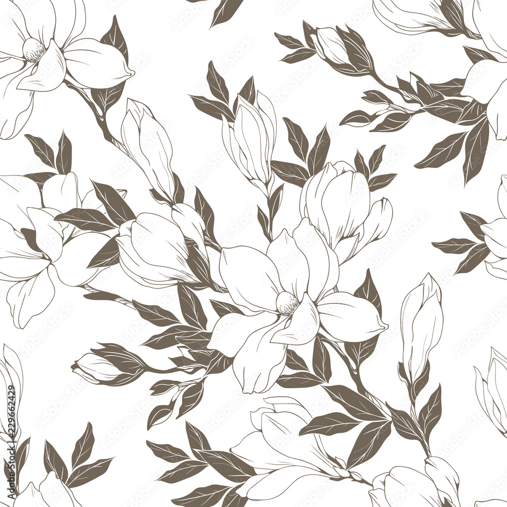 Vintage Magnolia flowers and buds. Seamless pattern. Vector Illustration