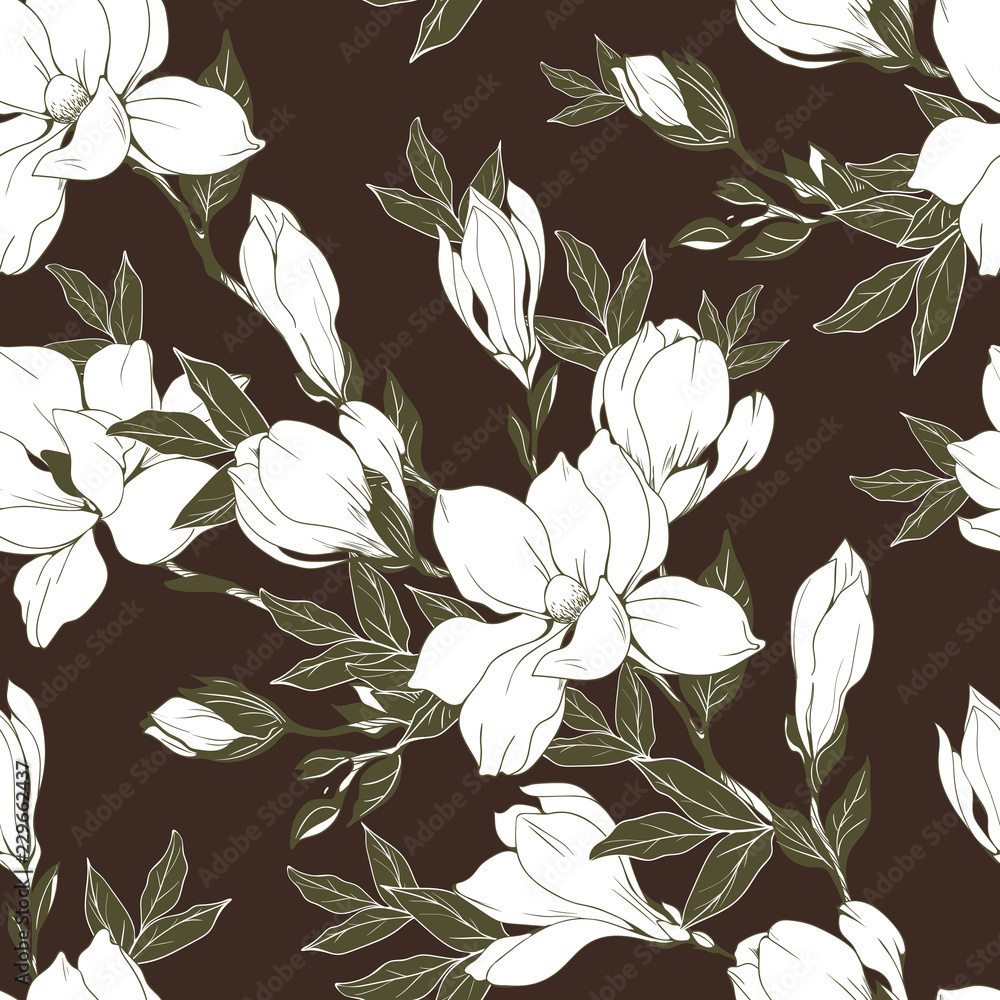 Fototapeta premium Vintage Magnolia flowers and buds. Seamless pattern. Vector Illustration