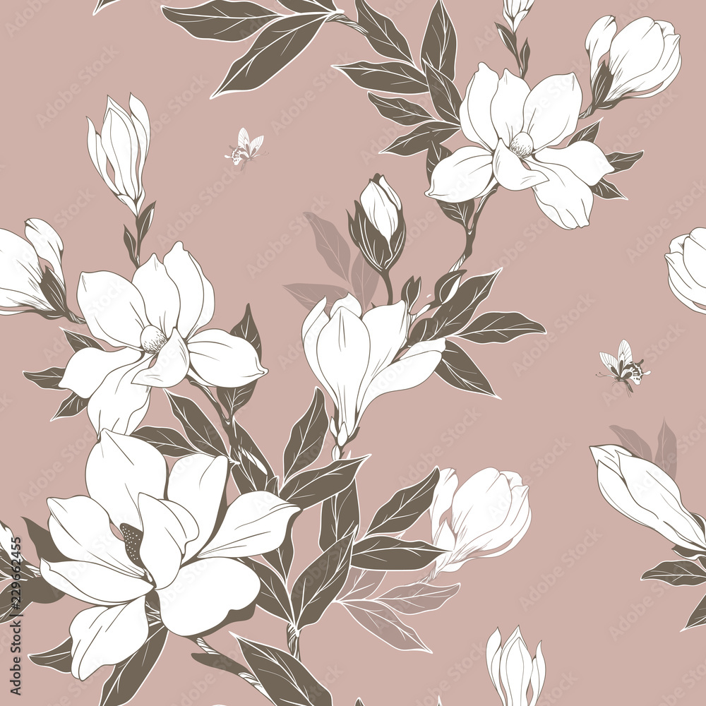 Obraz premium Vintage kwiaty magnolii i pąki. Wzór. Ilustracja wektorowa