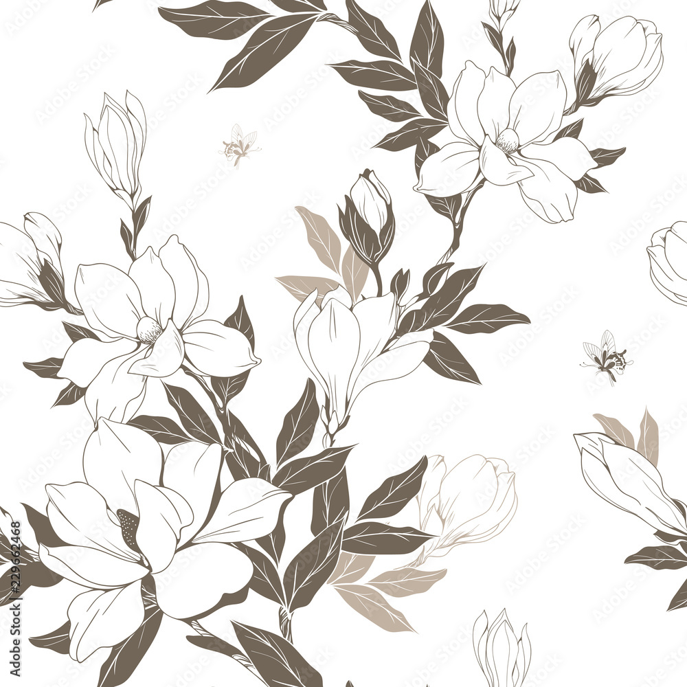 Fototapeta premium Vintage Magnolia flowers and buds. Seamless pattern. Vector Illustration