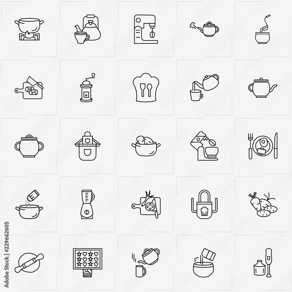 Cooking line icon set with add salt to bowl, mixer  and apron