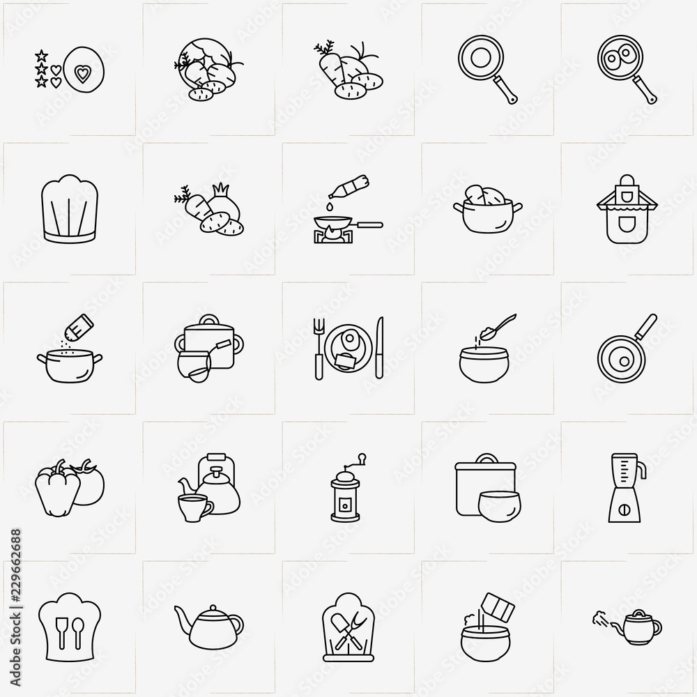 Obraz premium Cooking line icon set with tea pot , vegetables and add condiments to bowl