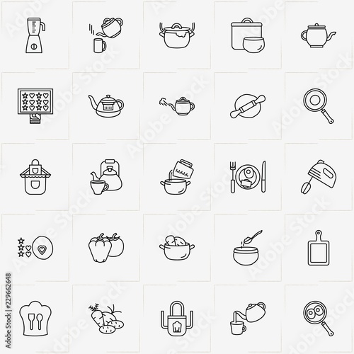 Cooking line icon set with omelette on plate, vegetables and add cream to bowl