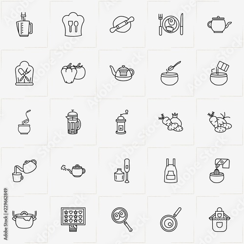 Cooking line icon set with rolling pin , add condiments to bowl and frying pan