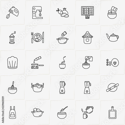 Cooking line icon set with omelette on plate, whisk  and add salt to bowl