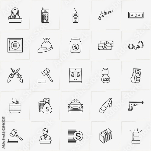 Criminal line icon set with siren, judge hammer and molotov cocktail