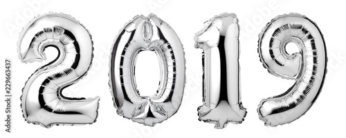 Numbers 2019 made of silver balloons isolated on white background.New year concept.