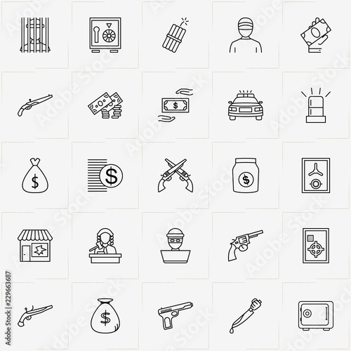 Criminal line icon set with money bag, knife criminal  and safe