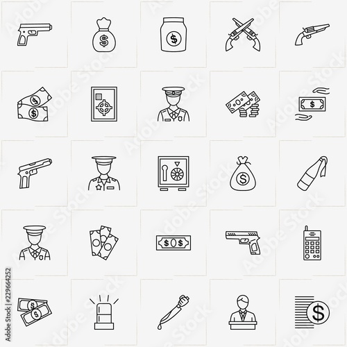 Criminal line icon set with gun , knife criminal  and molotov cocktail