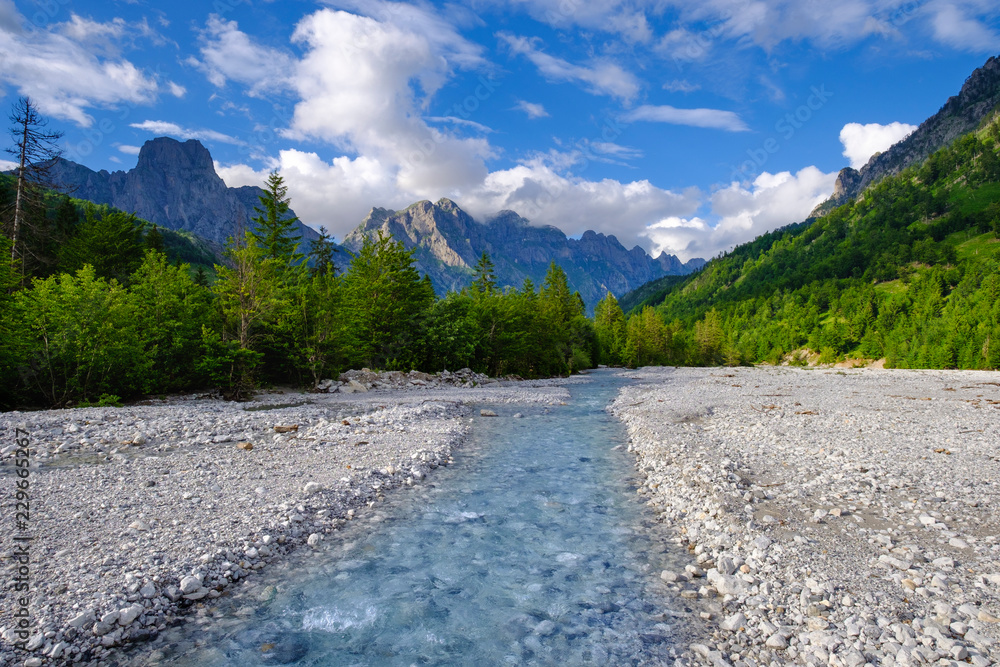 View of Valbona river in Valbone Valley National Park View of Valbona river in Valbone Valley National Park
