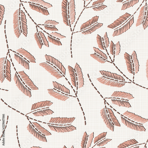  Embroidery floral seamless pattern on linen cloth texture