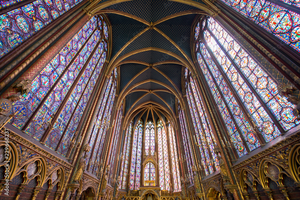 PARIS, FRANCE - May 8, 2016: Beautiful interior of the Sainte-Chapelle (Holy Chapel), a royal medieval Gothic chapel in Paris, France..